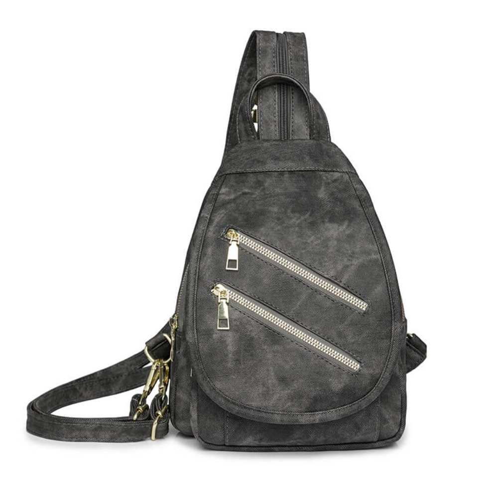Gray Faux Suede Mini Backpack with Gold Zippers – Great Condition!